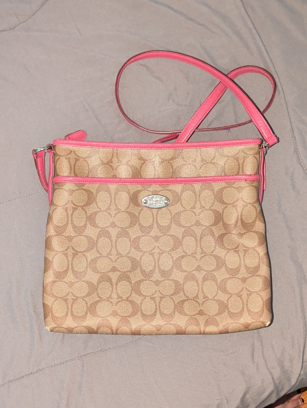Coach Khaki Signature Crossbody with Pink Trim